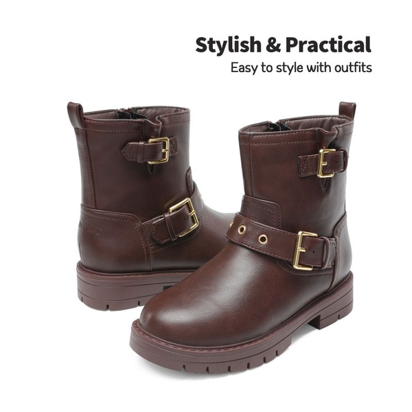 Girls Water-Resistant Zipper Ankle Boots - BROWN - 1